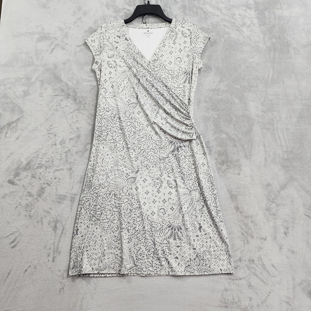 Athleta Dress Womens S White Gray Paisley Nectar Faux Wrap V-Neck Ruched Casual